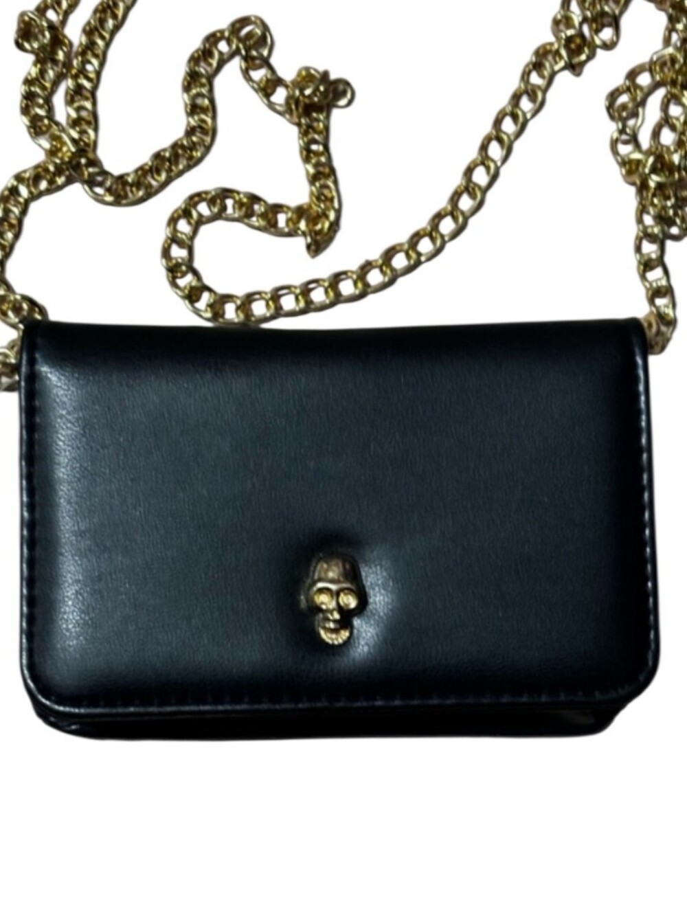 Black Pu Leather Crossbody Bag with Gold Chain and Skull Accent